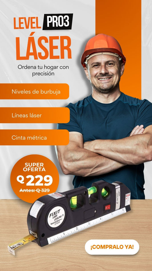 Level Pro 3 Láser + Nivel de burbuja + Cinta Métrica