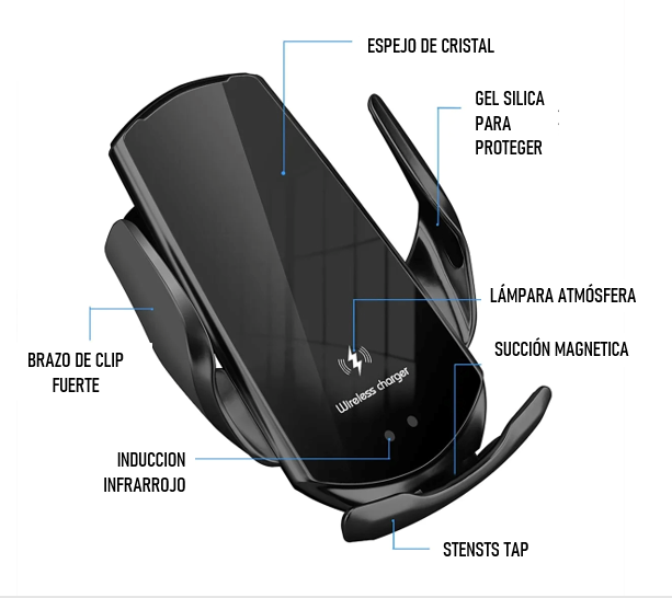 Elegante Soporte de Teléfono Móvil para tu Auto con Cargador Inalámbrico Universal